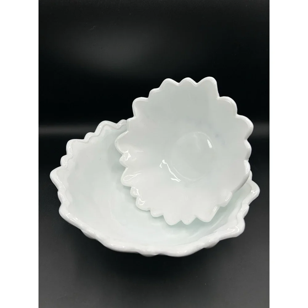 2 VTG White MILK GLASS Footed Floral Cabbage Lettuce Leaf 9